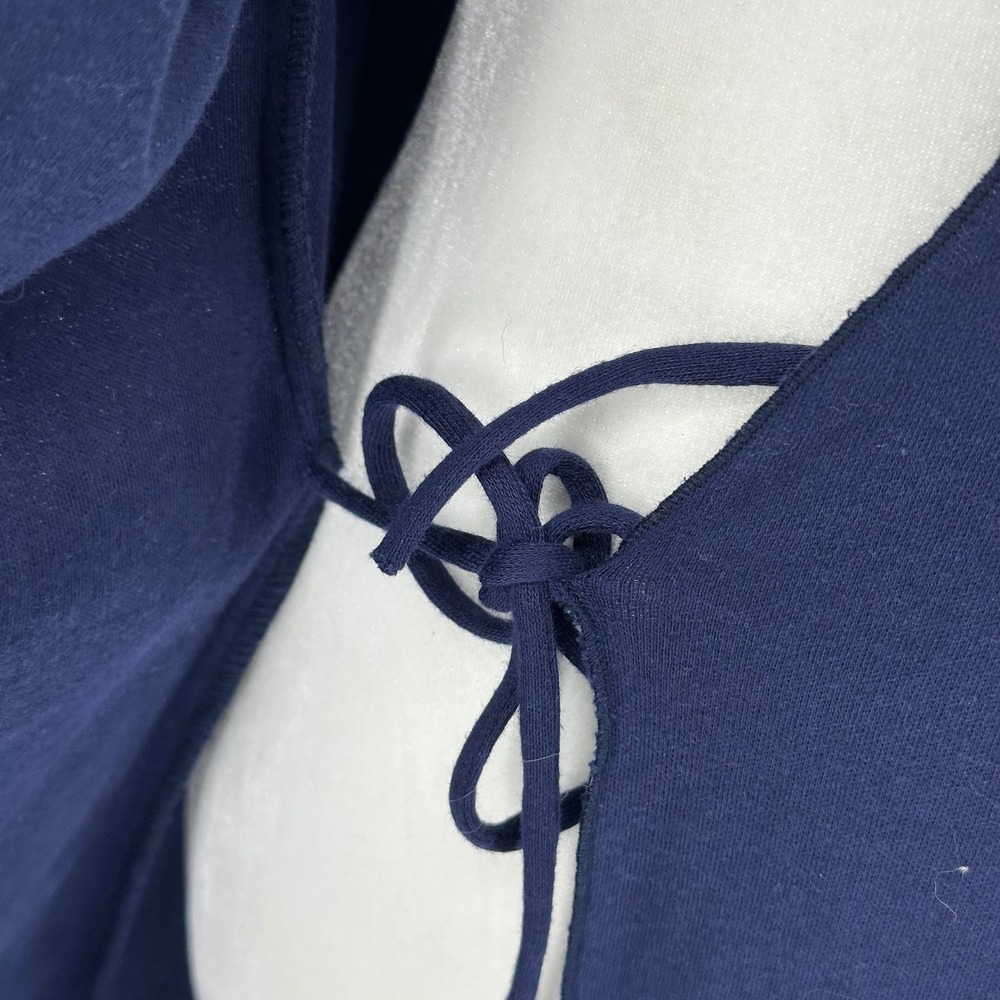 Vtg Navy Blue Wrap Dress Ruffle Hem Short Sleeve Tie Waist V Neck L union made - Picture 6 of 9